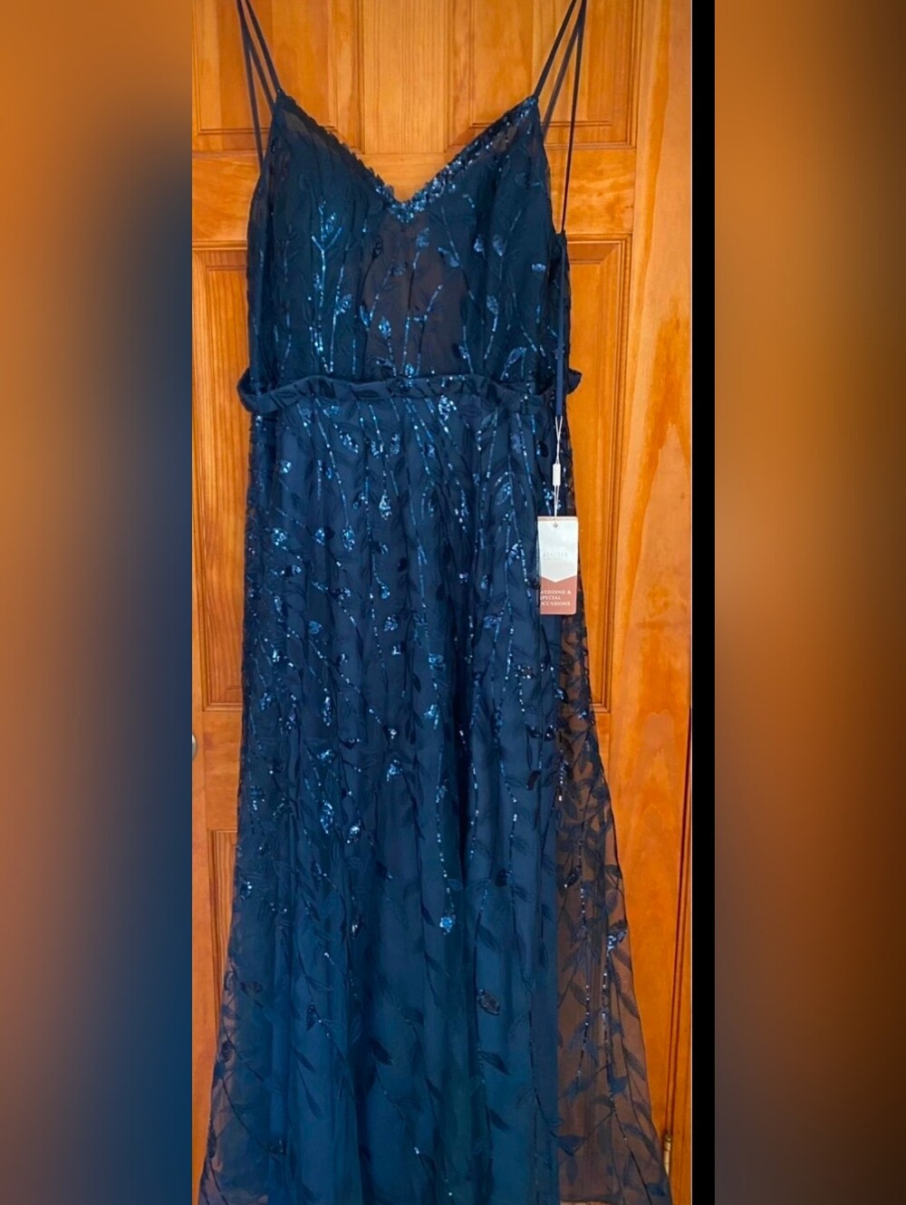 Stacees Navy Blue Sequin Leaf-Embroidered Slip Gown